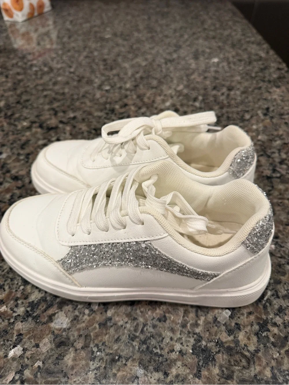 White Sneakers with Silver Glitter Accent